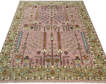 Pink,Olive and Beige Tree of Life Vintage Persian Hand Knotted, Antique Turkish 5x8, 6x9, 8x10, 9x12, 10x14, 12x15 Wool Rug, Living Room Rug