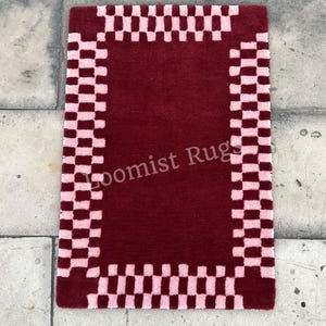 Hand Tufted Wool Rug, Red and Pink Checkerboard Border Carpet, Premium New Zealand Wool, Modern Eclectic Bedroom Living Room Rug