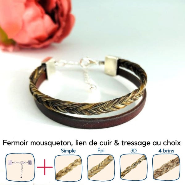 Bracelet en Crin de Cheval à mousqueton en Argent 925 personnalisable sur mesure avec lien en cuir véritable (crins, tressage, taille etc)