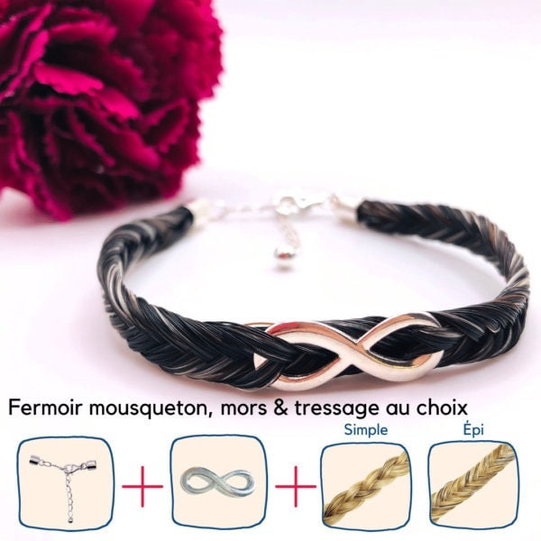 Bracelet en Crin de Cheval à mousqueton et signe infini en Argent 925 personnalisable sur mesure (crins, tressage, taille etc)