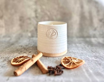 Cornish Christmas Soy wax candles made with pure essential oils and cotton wicks in ceramic pots and bowls. Vegan friendly