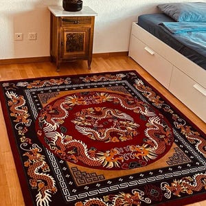 Alfombra tibetana anudada a mano de 15 x 23 cm (6 x 9 pulgadas) para dormitorio y sala de estar. Alfombra de lana con diseño de dragón. Auténtica alfombra tibetana hecha a mano, china y nepalí. Regalo de Navidad.