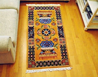 Hand-Knotted Tibetan Wool Rug: Floral & Dragon Handmade Tibet Tapestry Authentic Buddhist Nepali Rug 2x3Feet