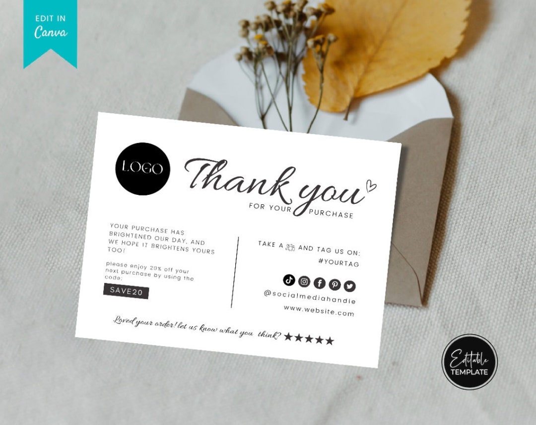 Thank You Card Template, Editable Thank You Card, Thanks for Your ...