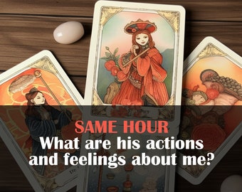 Puede incluir: Tres cartas de tarot con ilustraciones coloridas y marcos ornamentados. Las cartas están dispuestas sobre una superficie de madera. El texto en las cartas dice "SAME HOUR" y "¿Cuáles son sus acciones y sentimientos hacia mí?"