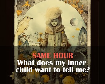 Puede incluir: Una ilustración de estilo vintage de una joven con un abrigo de piel que está de pie en un entorno de bosque. La imagen presenta un pájaro, flores y una luna. El texto "SAME HOUR What does my inner child want to tell me?" está escrito debajo de la imagen.