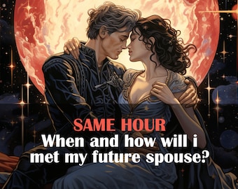 May include: A couple embraces under a large red moon and a starry sky. The text reads "SAME HOUR When and how will I met my future spouse?"