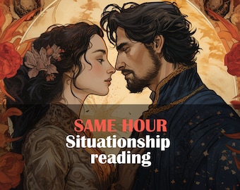 May include: A romantic illustration of a couple looking at each other with a moon and stars in the background. The text "SAME HOUR Situationship reading" is in the foreground.