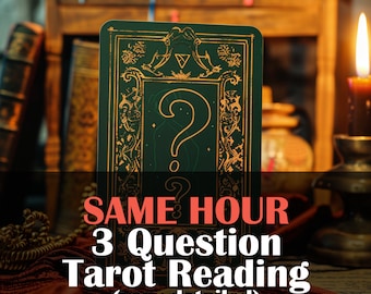 May include: A green tarot card with gold accents and a question mark in the center. The card is sitting on a table with a candle and books in the background. The text on the card reads "SAME HOUR 3 Question Tarot Reading (very detailed)".