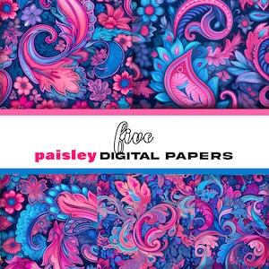 5 Paisley Digital Patterns | Digital Downloads, Seamless Pattern, High Res | Digital Prints | Pink and Blue | Paisley Art | Art Piece