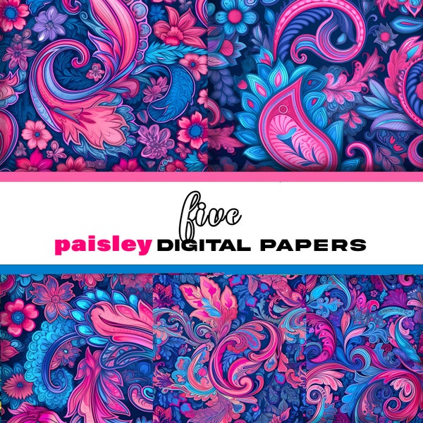 5 Paisley Digital Patterns | Digital Downloads, Seamless Pattern, High Res | Digital Prints | Pink and Blue | Paisley Art | Art Piece