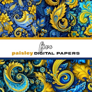 5 Paisley Digital Patterns | Digital Downloads, Seamless Pattern, High Res | Digital Prints | Blue | Yellow