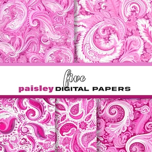 5 Paisley Digital Patterns | Digital Downloads, Seamless Pattern, High Res | Prints | Paisley Pattern | Pink And White | Digital Print |