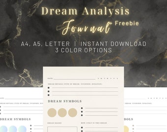 May include: A printable dream journal template with a marble background. The template includes sections for date, dream details, dream symbols, dream images, how you felt in the dream, and recurring themes. The template is available in three color options.