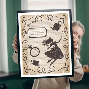 Alice in Wonderland Silhouette Poster, Lewis Carroll Inspired Vintage Wall Décor, Gift for Readers & Book Lovers, Book Quote Abstract Print
