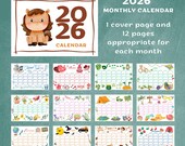 Cute Kids Calendar 2026, Printable Desk and Wall Calendar for Home or Office, Animated Homeschool Planner for Children, Digital Download