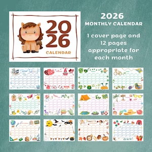 Niedlicher Kinderkalender 2026, druckbarer Schreibtisch und Wandkalender für Zuhause oder im Büro, animierter Homeschool-Planer für Kinder, digitaler Download