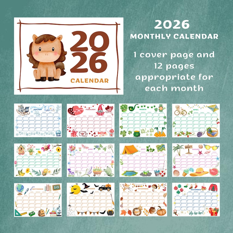 Cute Kids Calendar 2026, Printable Desk and Wall Calendar for Home or ...