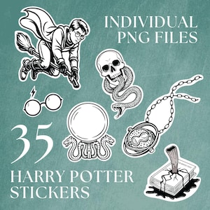 Może przedstawiać: Zestaw 35 czarno-białych naklejek z Harrym Potterem. Naklejki przedstawiają ilustracje Harry'ego Pottera na miotle, czaszkę z wężem, kryształową kulę, wehikuł czasu, okulary i książkę. Tekst na obrazku brzmi "Individual PNG Files" i "Harry Potter Stickers."