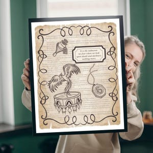 May include: Framed print with a vintage parchment background. The artwork features a phoenix, a potion bottle, and a pendant with the letter "S". The text reads "It is the unknown we fear when we look upon death and darkness, nothing more."