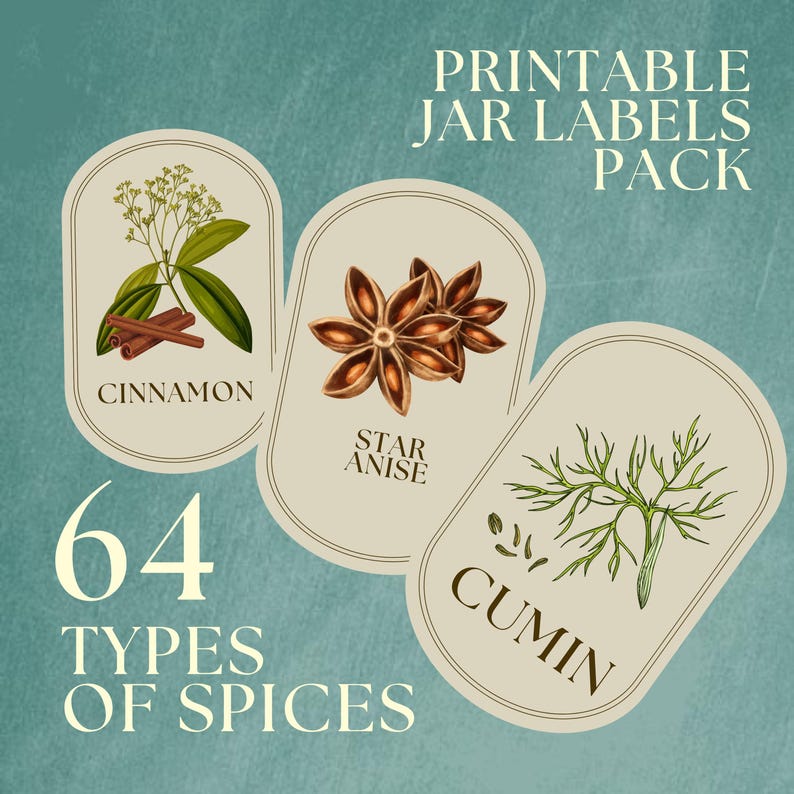 Vintage Apothecary Herb Labels (64 piece): Printable Spice Jar Stickers (Digital Download) image 1