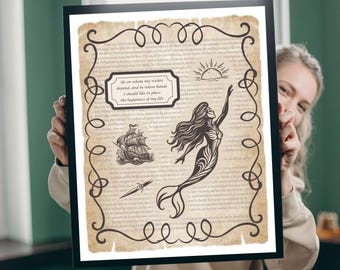 Póster con cita de La Sirenita / Decoración de pared vintage de cuento de hadas de Andersen / Página de libro literario (Descarga digital)