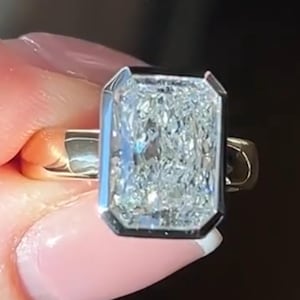 Bezel Set 3.00 Ct Radiant Cut Moissanite Engagement Ring Crushed Ice Radiant Cut Ring 14K Gold Elongated Radiant Bezel Set Ring for Women