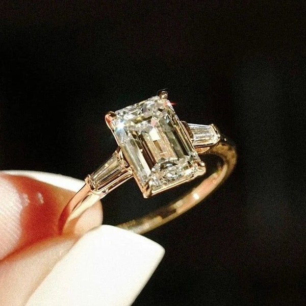 2.5 CT Emerald Cut 3 Stone Moissanite Solitaire Ring With Baguette Cut Band Half Bezel Set Gold Marriage Ring 3 Stone Ring Present For Girls