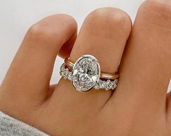 2 CT único corte ovalado Moissanite oro bisel conjunto nupcial anillo de compromiso regalo para su anillo de voto conjunto de boda regalo anillo elegante para ella