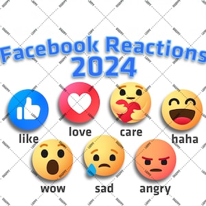 May include: A set of nine Facebook reaction emojis, including like, love, care, haha, wow, sad, angry, and a thumbs up. The emojis are in a grid format with the text "Facebook Reactions 2024" at the top.