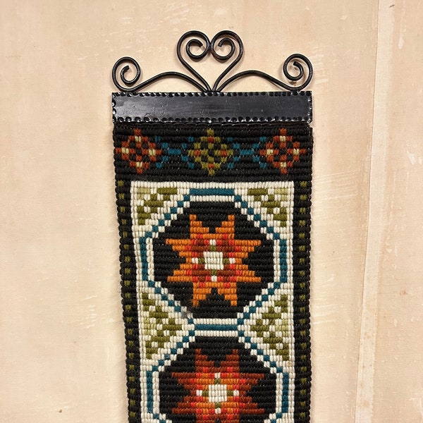 Norwegian Embroidered Tapestry - Scandinavian Fiber Art - Wall Hanging - Folk Art - Iron Hangers