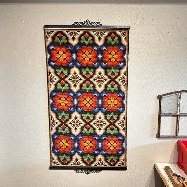 Norwegian Embroidered Tapestry - Scandinavian Fiber Art - Wall Hanging - Folk Art - Iron Hangers