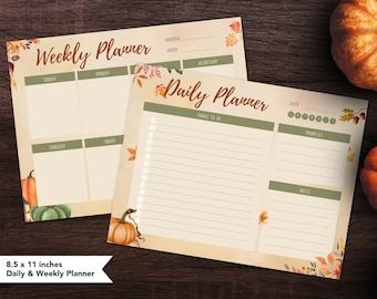 May include: A printable daily and weekly planner with a fall theme. The planner features a light brown background with fall leaves and pumpkins. The text "Weekly Planner" and "Daily Planner" is in a brown font. The planner is 8.5 x 11 inches.