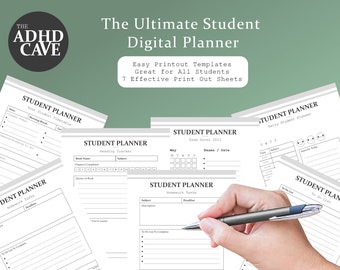 May include: A set of printable student planner templates. The templates include a daily student planner, a reading tracker, a homework task list, and a timetable. The text "The Ultimate Student Digital Planner" is at the top of the image.