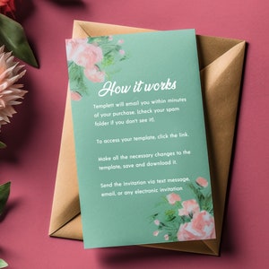 May include: A green card with pink floral illustrations and the text "How it works". The card explains how to access and use a digital template.