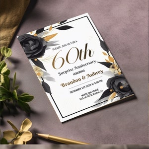 Invitation au 60e anniversaire de mariage, 60e anniversaire de mariage en diamant, invitation de mariage en noir et blanc, invitation à une fête, invitations claires
