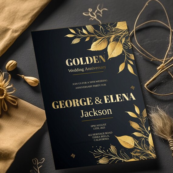Golden Anniversary Invitation,50th Wedding Anniversary Invitations,Printable Invitation,Anniversary Party Invitation,Templett,Golden Invite