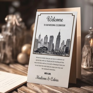 Cartão de boas-vindas para casamento em Chicago, cartão de boas-vindas para casamento, cartão de boas-vindas para casamento, cronograma de casamento editável, código QR, cartão de boas-vindas para convidados de casamento
