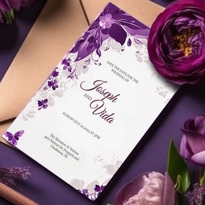 Puede incluir: Tarjeta de guardar la fecha con diseño floral morado y una mariposa. La tarjeta dice "Save the date for the wedding of Joseph and Vida, Sunday July 23, 2023 at 5 PM, The Mansion at Natirar, 400 Natirar Dr, Peapack and Gladstone, NJ."