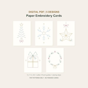 Christmas Paper Embroidery PDF Bundle, 5x7 Card Patterns with Punch Guides, 5 Designs