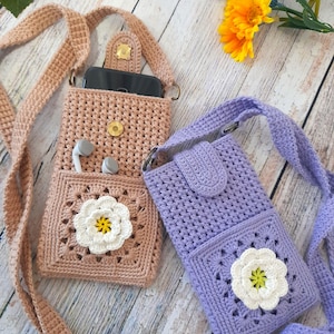 Patrón Bolso para Móvil a Crochet – Bolso Bandolera Pequeño con Flor – Patrón PDF Fácil para Principiantes