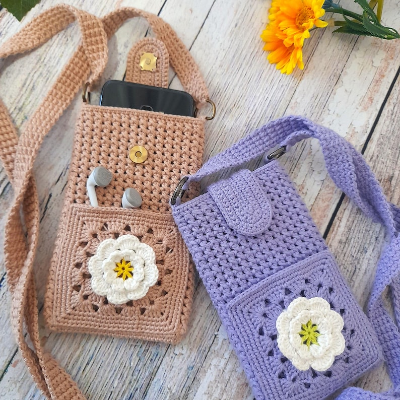 Häkelanleitung für eine Handytasche – Kleine Umhängetasche mit Blume – PDF (Leicht/Mittel) – Schritt-für-Schritt-Anleitung Bild 1