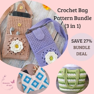 Puede incluir: Imagen de un paquete de patrones de bolsos de ganchillo con tres diseños diferentes. Los bolsos son en tonos beige, lavanda y verde, con patrones florales y geométricos. Se muestra el texto "Crochet Bag Pattern Bundle (3 in 1)".