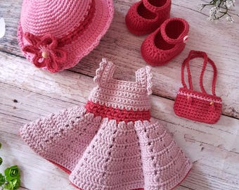 Häkelanleitung für ein rosa Puppenset (PDF) – Kleid, Hut, Tasche und Schuhe