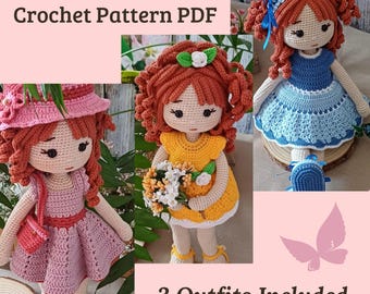 Amigurumi-Puppenmuster (PDF) – Matilda + 3 Outfits, Häkelmuster-Paket, 40 cm Puppe, Sofort-Download.