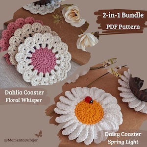 May include: A 2-in-1 bundle PDF pattern featuring crochet coasters. One design is a dahlia coaster with pink and cream petals, and the other is a daisy coaster with a yellow center, white petals, and a small red ladybug accent on the center.