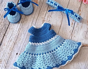 Matilda Puppenoutfit Blau (PDF) – Kleid, Haarband und Schuhe, Häkelpuppenkleidung, Amigurumi-Accessoires