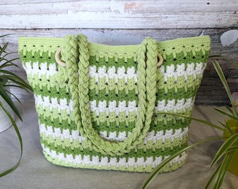 Crochet Summer Tote Pattern PDF, Shell Stitch Beach Bag Pattern, Striped Crochet Market Bag, Lime Green Shoulder Bag, Easy Crochet Handbag