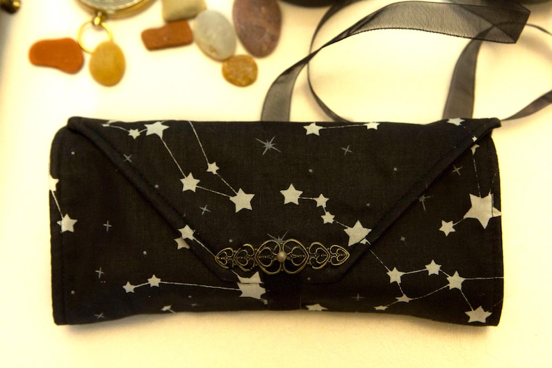 Black Tarot Card Wrap OOAK – Velvet Tarot Reading Cloth & Cotton Deck Holder with Pocket, Travel Tarot Case, Oracle Card Pouch, Witchcraft Gift
