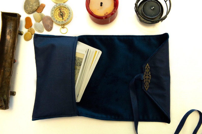 Blue Tarot Card Wrap OOAK – Velvet Tarot Reading Cloth & Cotton Deck Holder, Travel Tarot Case, Oracle Card Pouch, Gift for Witches